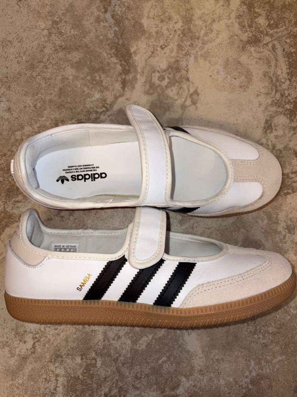 adidas Samba White Sneakers with Black Stripes and Gum Sole - Like New